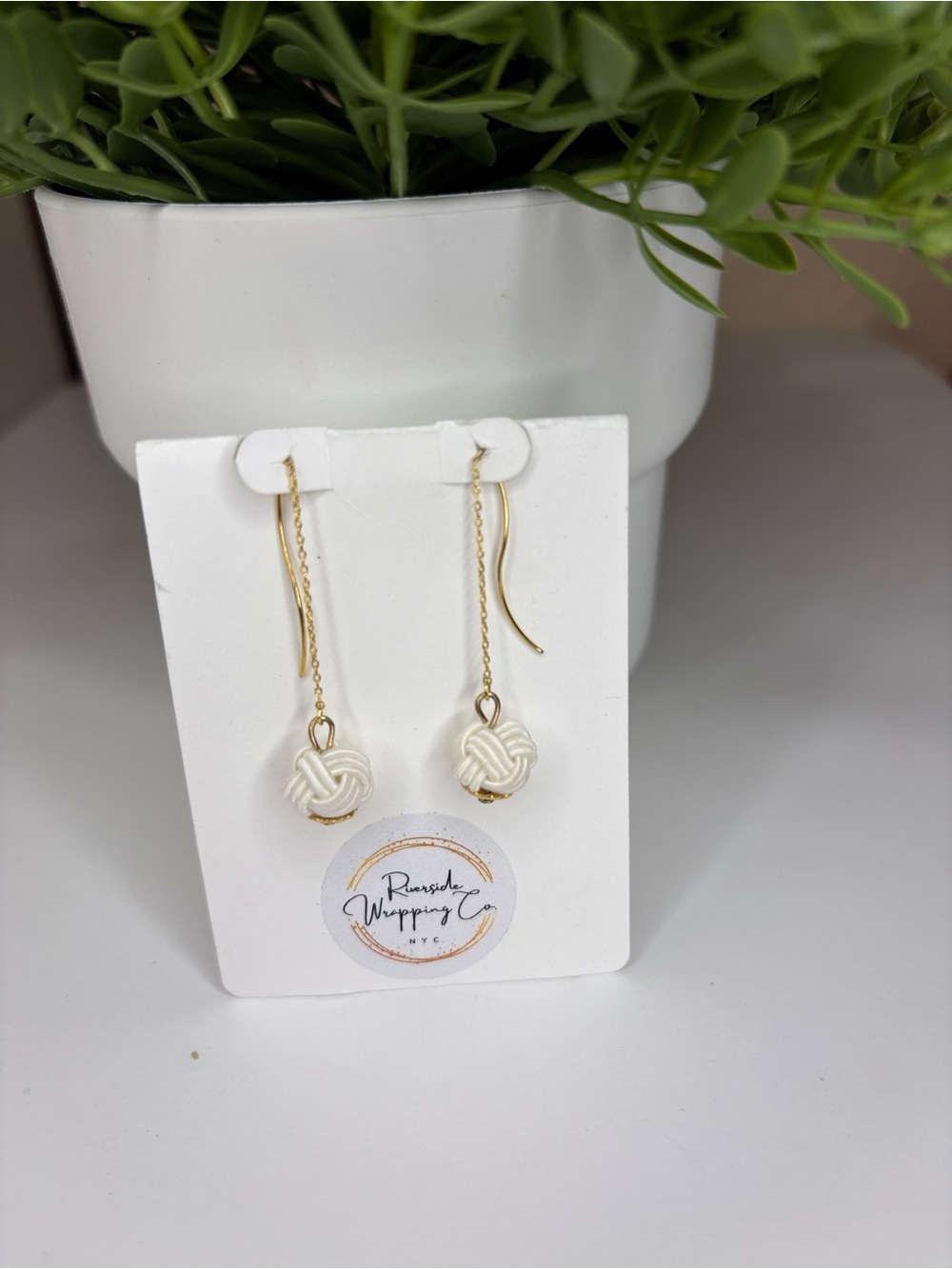 Riverside Wrapping Co Mizuhiki Bar Chain Dangle Earrings Gold Cream NWT